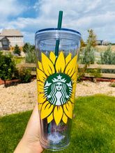 Load image into Gallery viewer, Starbucks Cup/ Personalized tumbler/ Starbucks Venti Cup/Double wall tumbler/ 24oz Starbucks Clear Cup Sunflower/
