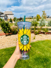 Load image into Gallery viewer, Starbucks Cup/ Personalized tumbler/ Starbucks Venti Cup/Double wall tumbler/ 24oz Starbucks Clear Cup Sunflower/
