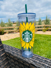 Load image into Gallery viewer, Starbucks Cup/ Personalized tumbler/ Starbucks Venti Cup/Double wall tumbler/ 24oz Starbucks Clear Cup Sunflower/
