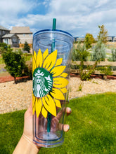 Load image into Gallery viewer, Starbucks Cup/ Personalized tumbler/ Starbucks Venti Cup/Double wall tumbler/ 24oz Starbucks Clear Cup Sunflower/
