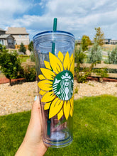 Load image into Gallery viewer, Starbucks Cup/ Personalized tumbler/ Starbucks Venti Cup/Double wall tumbler/ 24oz Starbucks Clear Cup Sunflower/
