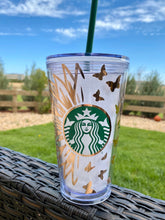 Load image into Gallery viewer, Flower and Butterflies Tumbler | Sun Personalized Tumbler | Gift for her | Tumbler with straw | Starbucks Cup | Summer Starbucks Cup
