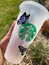 Load image into Gallery viewer, Butterfly Starbucks Cup, Custom Butterfly Cup, Starbucks Tumbler, Reusable Starbucks Cup, Holographic Butterflies, Personalized Cup,Gifts
