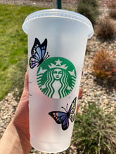 Load image into Gallery viewer, Butterfly Starbucks Cup, Custom Butterfly Cup, Starbucks Tumbler, Reusable Starbucks Cup, Holographic Butterflies, Personalized Cup,Gifts
