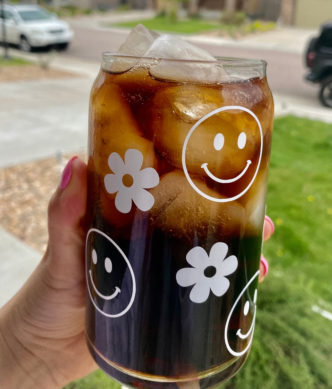 Happy Face Beer Can Glass- Soda Can Glass, Housewarming Gift,Iced Coffee Cup, Mug, Glass Cup