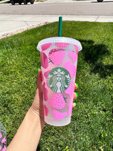 Load image into Gallery viewer, Cow Print Strawberry Starbucks Cup | Cow Print Reusable Cup | Starbucks Cold Cup Cow Print | Cow Cup | Cow Spot Venti Cold Cup
