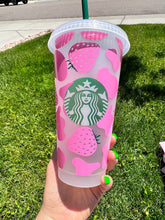 Load image into Gallery viewer, Cow Print Strawberry Starbucks Cup | Cow Print Reusable Cup | Starbucks Cold Cup Cow Print | Cow Cup | Cow Spot Venti Cold Cup
