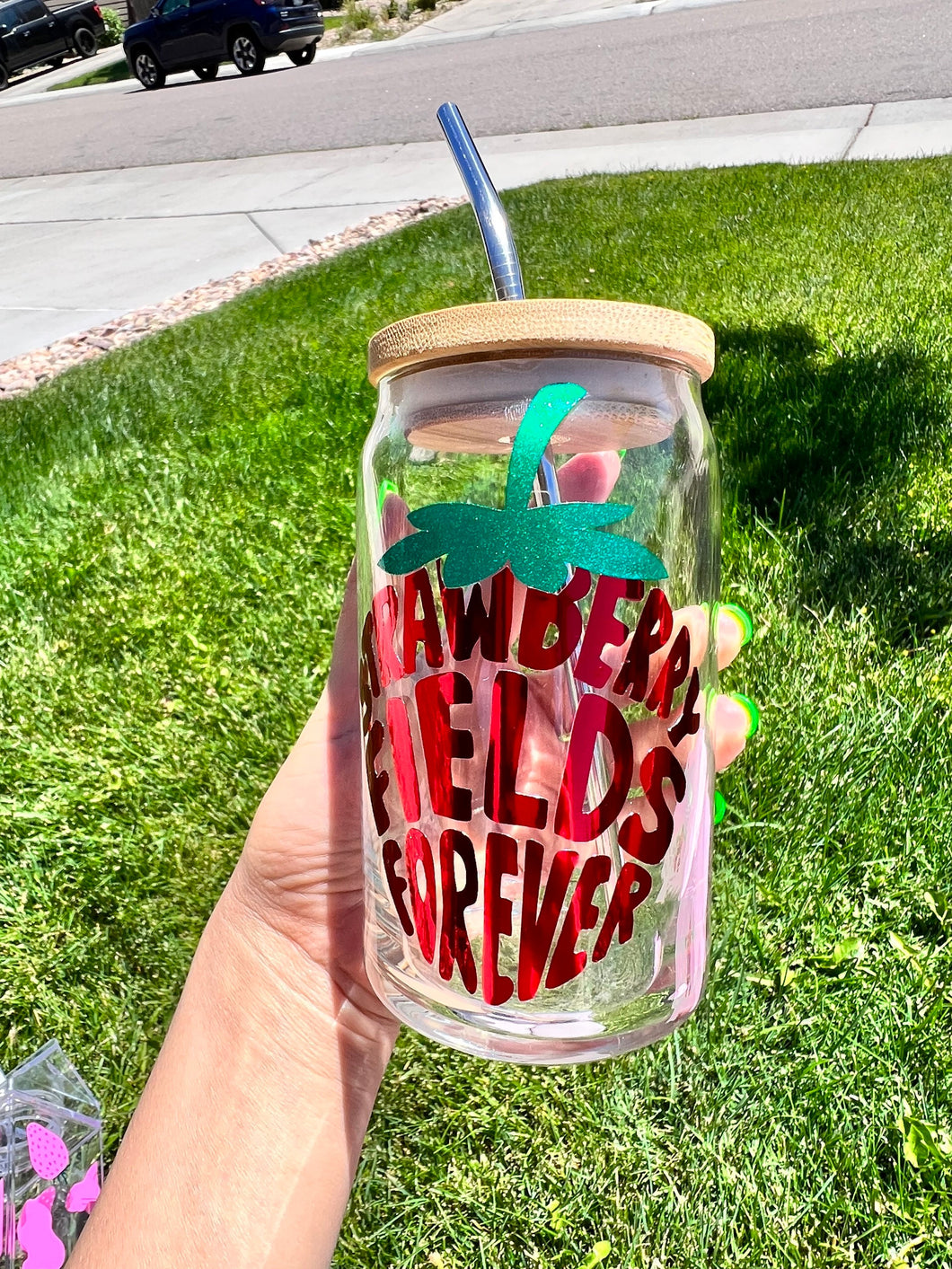 Strawberry Fields Forever Beer Can Glass- Soda Can Glass, Housewarming Gift,Iced Coffee Cup, Mug, Glass Cup