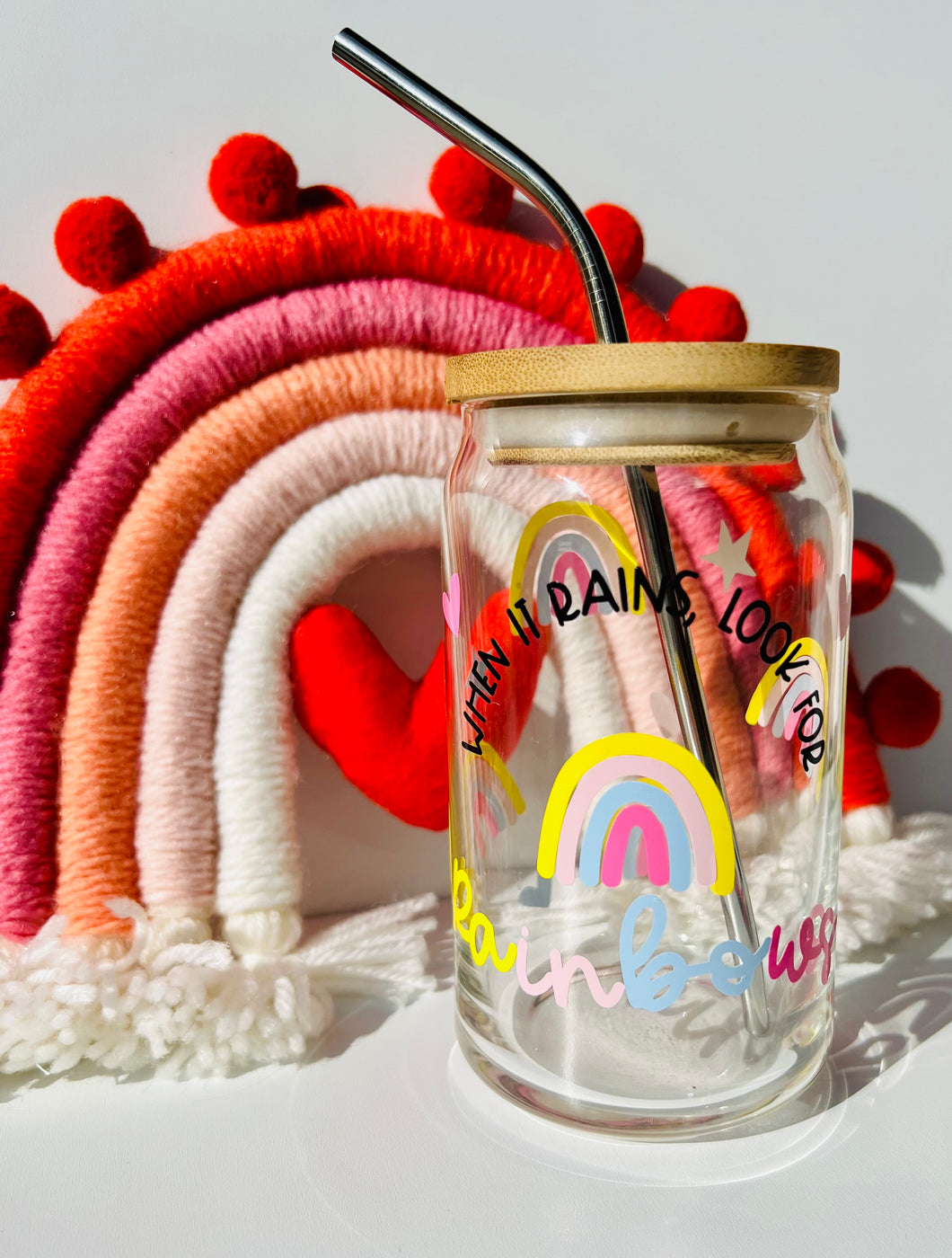 When it Rains Look for the Rainbow Beer Can Glass- Soda Can Glass, Housewarming Gift,Iced Coffee Cup, Mug, Glass Cup